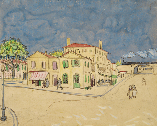 Vincent van Gogh, 'The Yellow House (The Street),' Arles 1888.  Pencil, reed pen, pen and brown ink, opaque and transparent watercolor, on laid paper. Included in the special loan exhibition at the European Fine Art Fair in Maastricht from March 15-24. Image courtesy of Van Gogh Museum, Amsterdam; Vincent van Gogh Foundation.